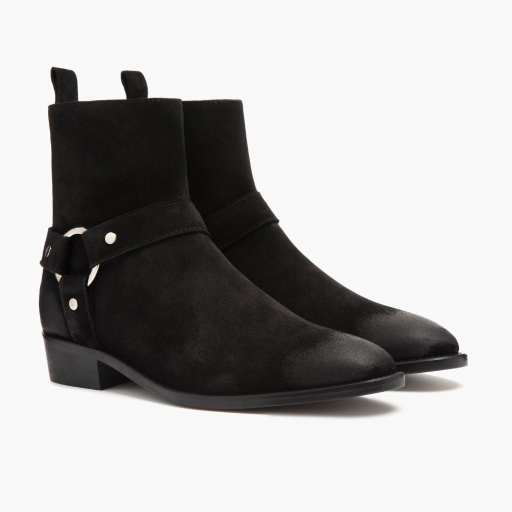 Harness Noir Suede Bottines en cuir pour Homme in Black Goatskin Suede - Vue de profil | Acheter en ligne