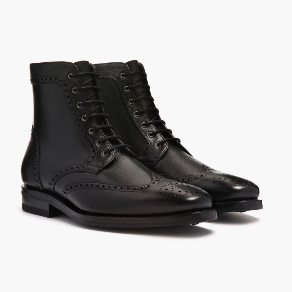 Wingtip Black Leather Boots For Men in Black Full-Grain Leather - Lateral Side Profile View | Buy Online