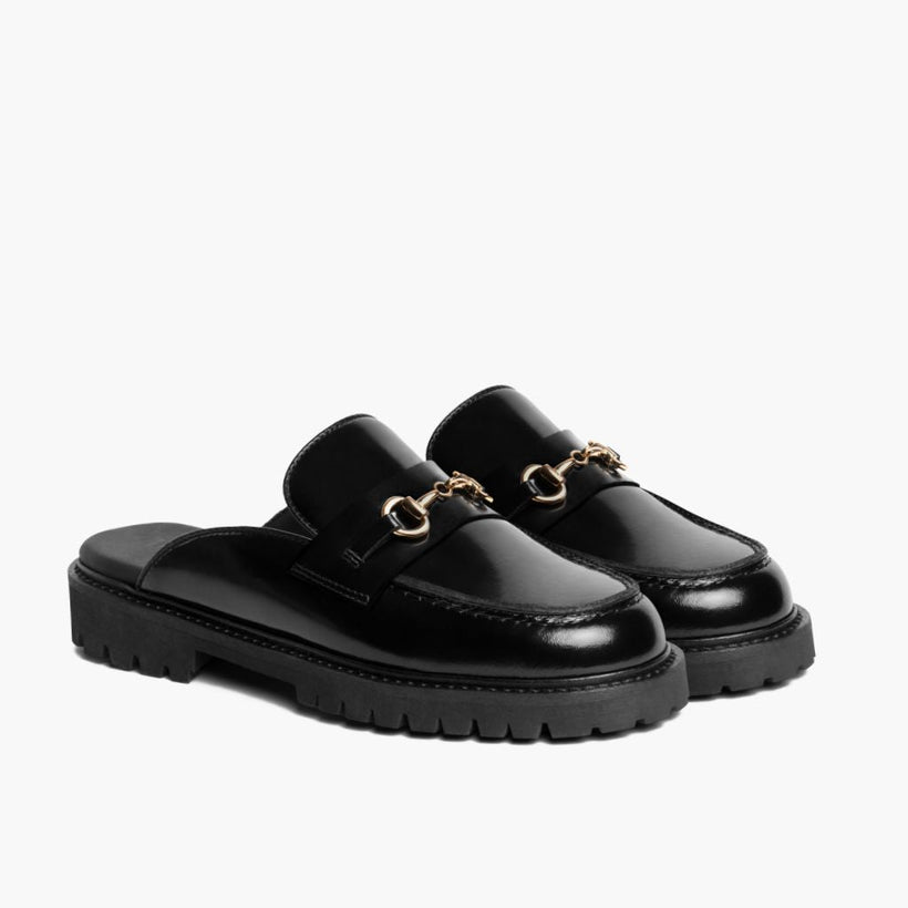 Penny Mule Noir & Gold Leather Loafers pour Femme