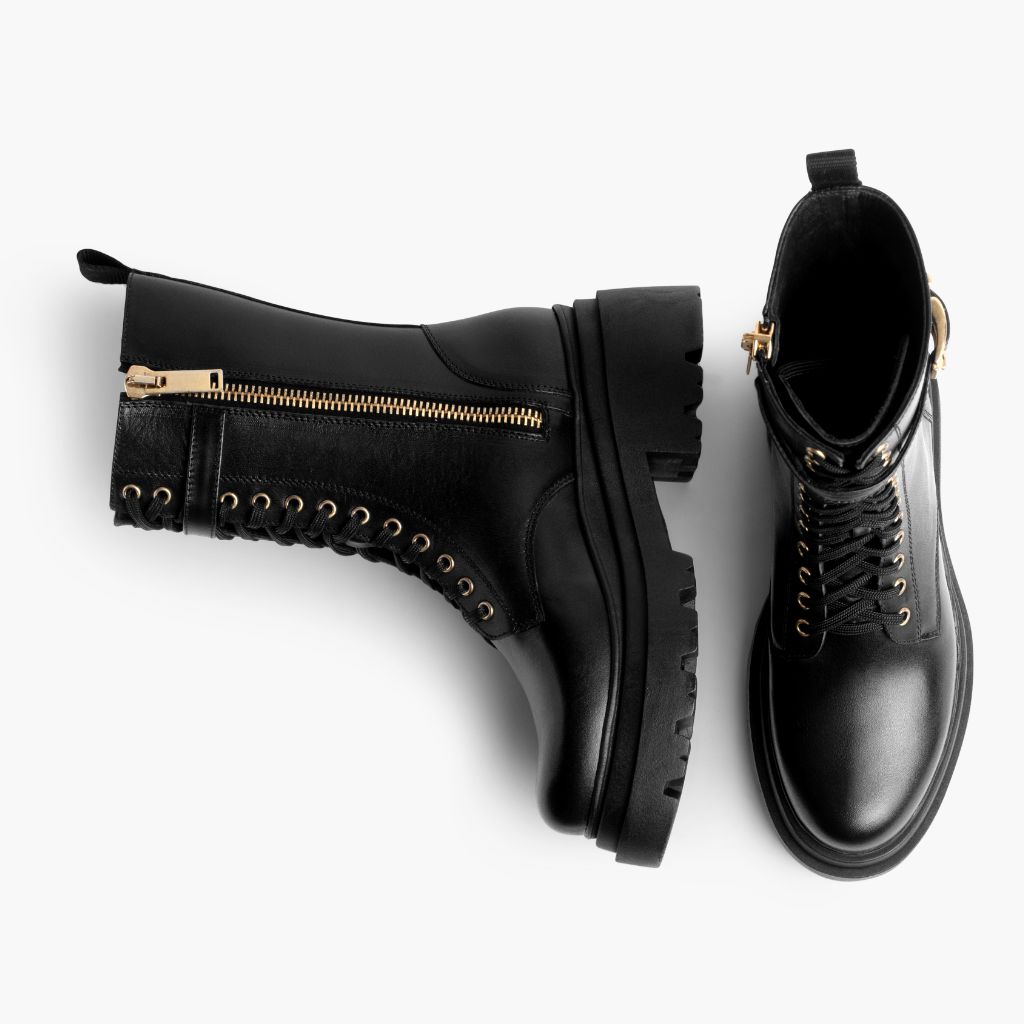 High-Traction Rubber Outsole & Lug Tread Pattern on Fatale Noir & Gold Bottines en cuir pour Femme