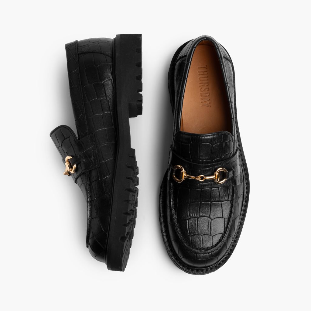 Penny Noir & Gold Croco Mocassins en cuir pour Femme - Contrefort de talon renforcé & surpiqûres doubles de précision