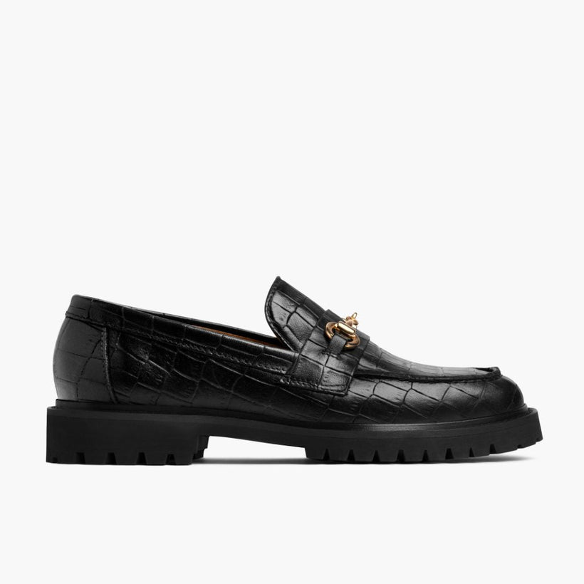 Penny Noir & Gold Croco Leather Loafers pour Femme