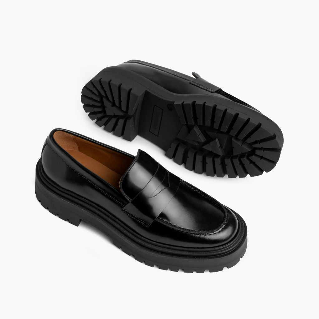 High-Traction Rubber Outsole & Lug Tread Pattern on Penny Platform Noir Mocassins en cuir pour Femme