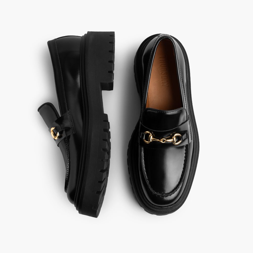 Penny Platform Noir & Gold Mocassins en cuir pour Femme - Contrefort de talon renforcé & surpiqûres doubles de précision