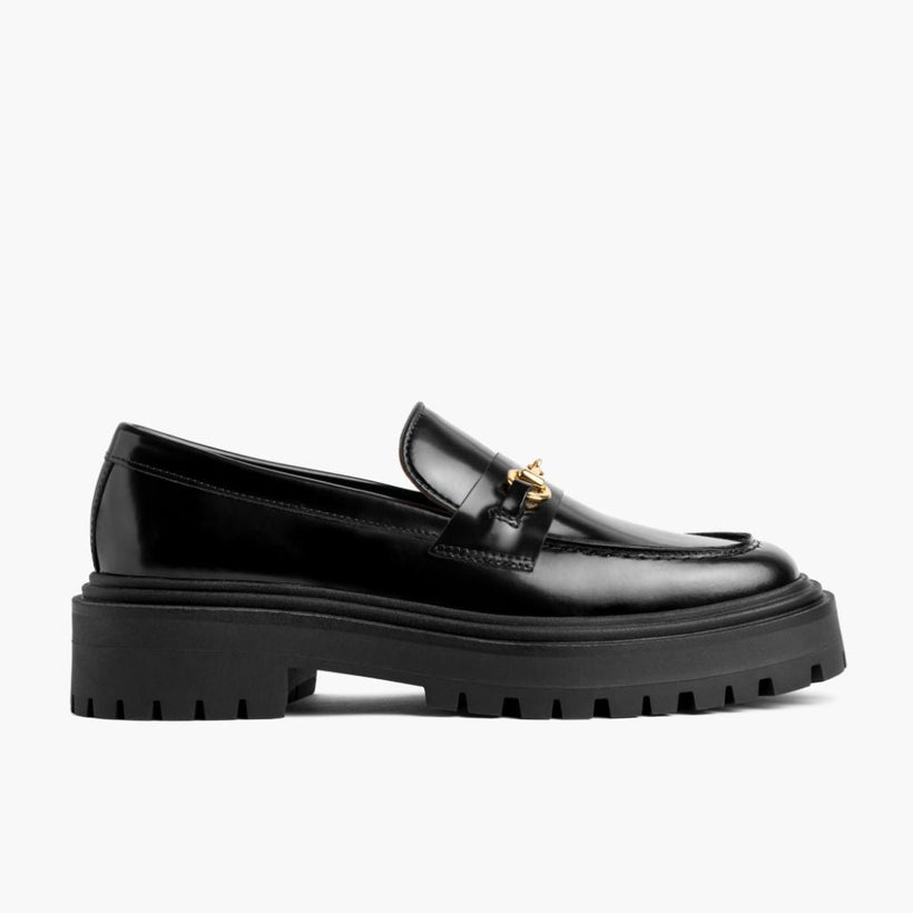 Penny Platform Noir & Gold Leather Loafers pour Femme