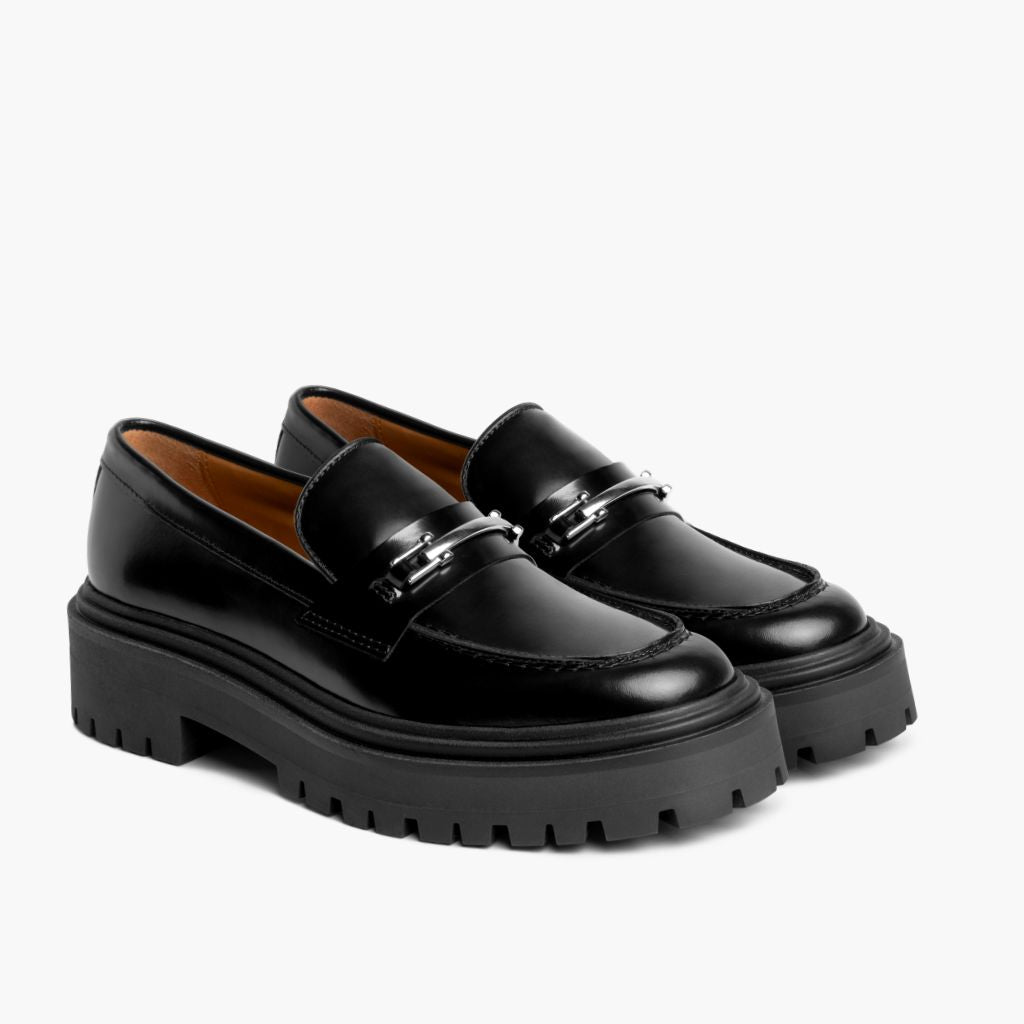 Penny Platform Noir & Silver Mocassins en cuir pour Femme en cuir de vachette noir véritable - Vue de profil | Acheter en ligne
