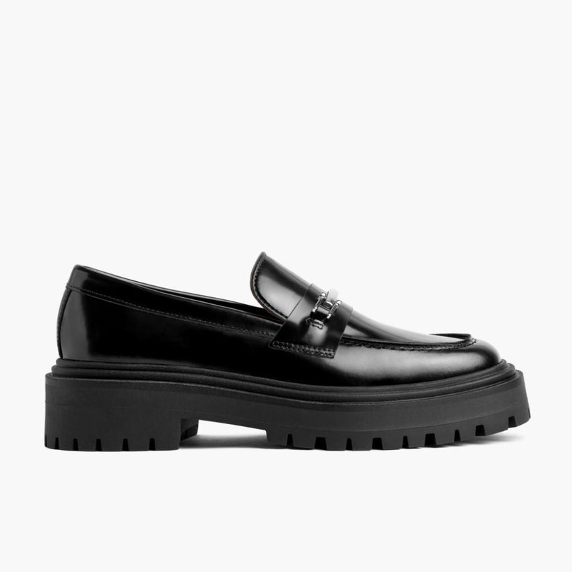 Penny Platform Noir & Silver Leather Loafers pour Femme