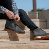 High-Traction Rubber Outsole & Lug Tread Pattern on Carnell Moc Toe Grey Suede Boots