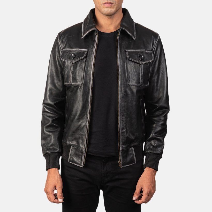 Men's Aaron Distressed Black Leather Bomber Jacket in Black Cowhide Leather - Front Profile View & Tailored Silhouette | Buy Online