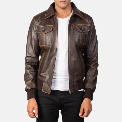Men's Aaron Distressed Brown Leather Bomber Jacket in Brown Goatskin Leather - Front Profile View & Tailored Silhouette | Buy Online