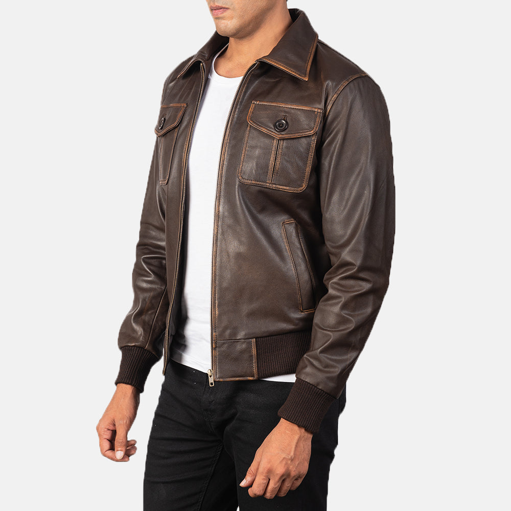 Brown Goatskin Leather Bomber Jacket - Vue de dos avec coupe ajustée aux épaules &amp; ourlet soigné