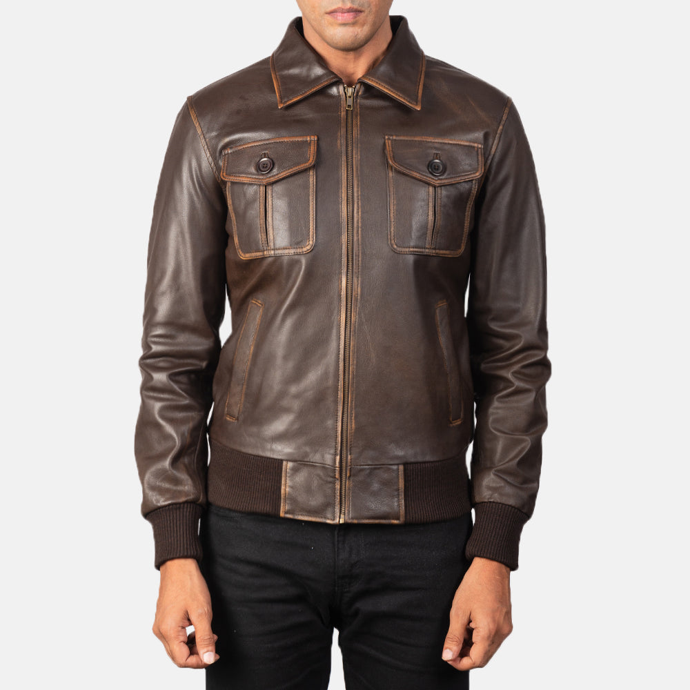 Men's Aaron Distressed Brown Leather Bomber Jacket - Vue de profil avec coupe de manche ergonomique