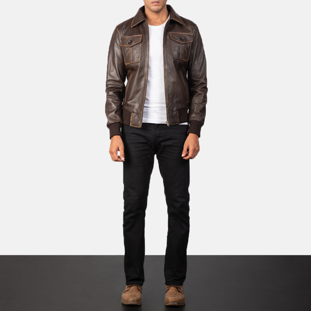 Close-Up Detail of High Neck & Zipper Hardware on Men's Aaron Distressed Brown Leather Bomber Jacket