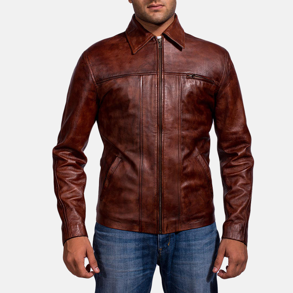 Men's Abstract Bordeaux Veste en Cuir pour Homme in Distressed Brown Sheep Skin Burnishing - Vue de face &amp; silhouette ajustée | Acheter en ligne