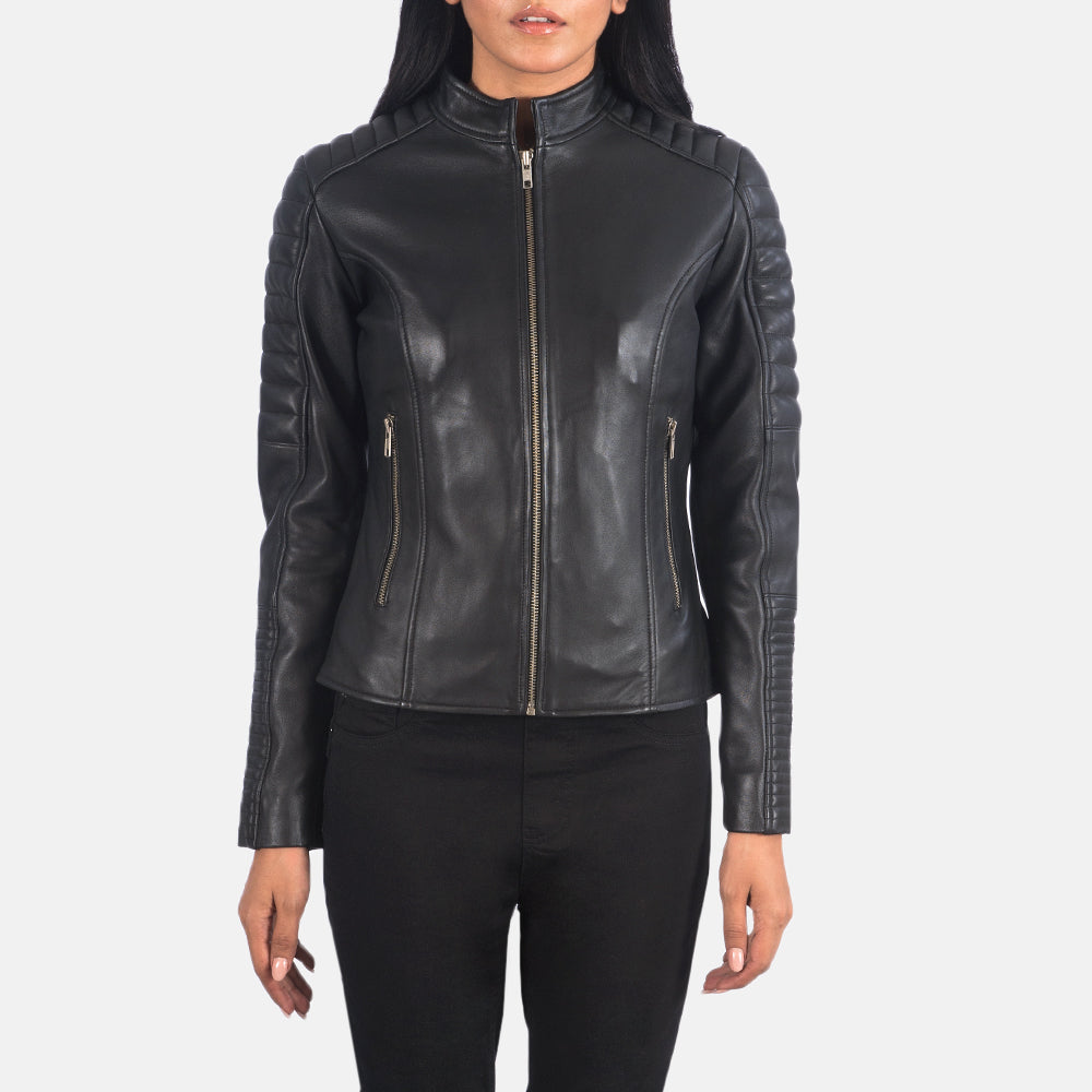 Vue détaillée of Band &amp; Zipper Hardware on Women's Adalyn Matelassé Noir Veste Motard en Cuir pour Femme