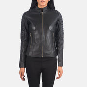 Vue détaillée of Band &amp; Zipper Hardware on Women's Adalyn Matelassé Noir Veste Motard en Cuir pour Femme