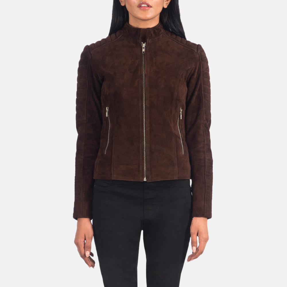Women's Adalyn Matelassé Mocha Suede Veste Motard en Cuir pour Femme in Mocha Brown Goatskin Suede - Vue de face &amp; silhouette ajustée | Acheter en ligne