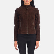 Women's Adalyn Matelassé Mocha Suede Veste Motard en Cuir pour Femme in Mocha Brown Goatskin Suede - Vue de face &amp; silhouette ajustée | Acheter en ligne