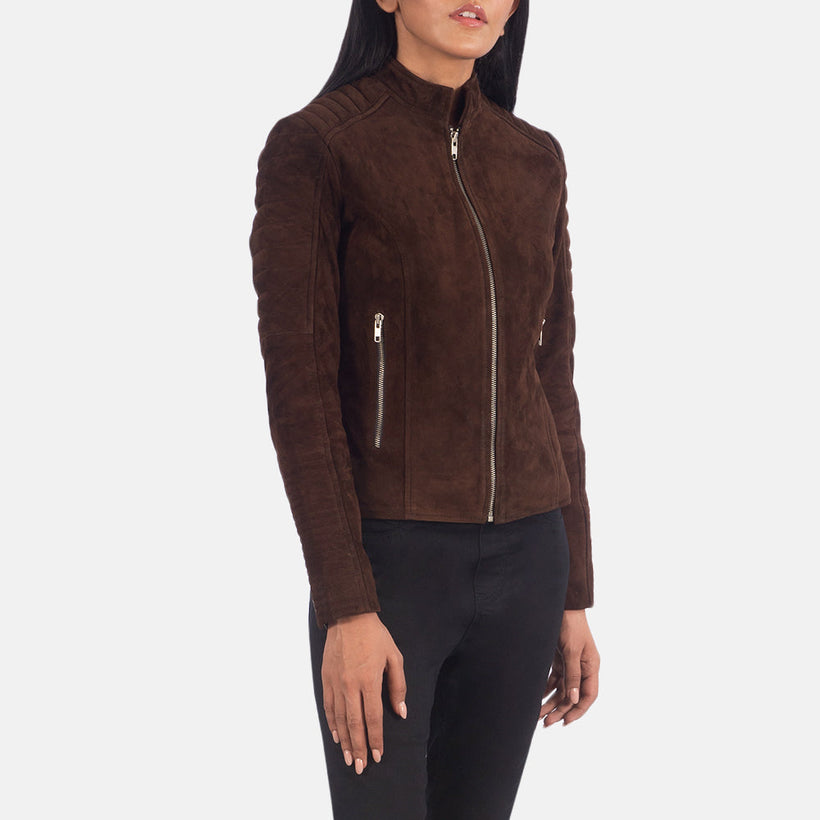 Mocha Brown Goatskin Suede Biker Jacket - Back View Showing Tailored Shoulder Fit & Clean Hemline