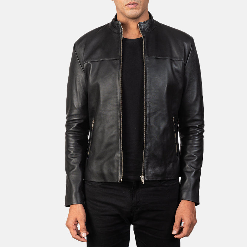 Men's Adornica Black Leather Biker Jacket in Black Sheepskin Leather - Front Profile View & Tailored Silhouette | Buy Online