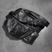 
Rib knit & Hem Craftsmanship Construction Detail on Agent Shadow Noir Blouson Bombardier en Cuir pour Homme