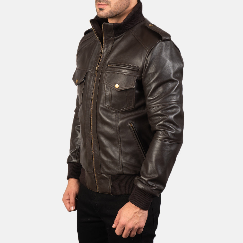 Brown Sheepskin Leather Bomber Jacket - Back View Showing Tailored Shoulder Fit & Clean Hemline