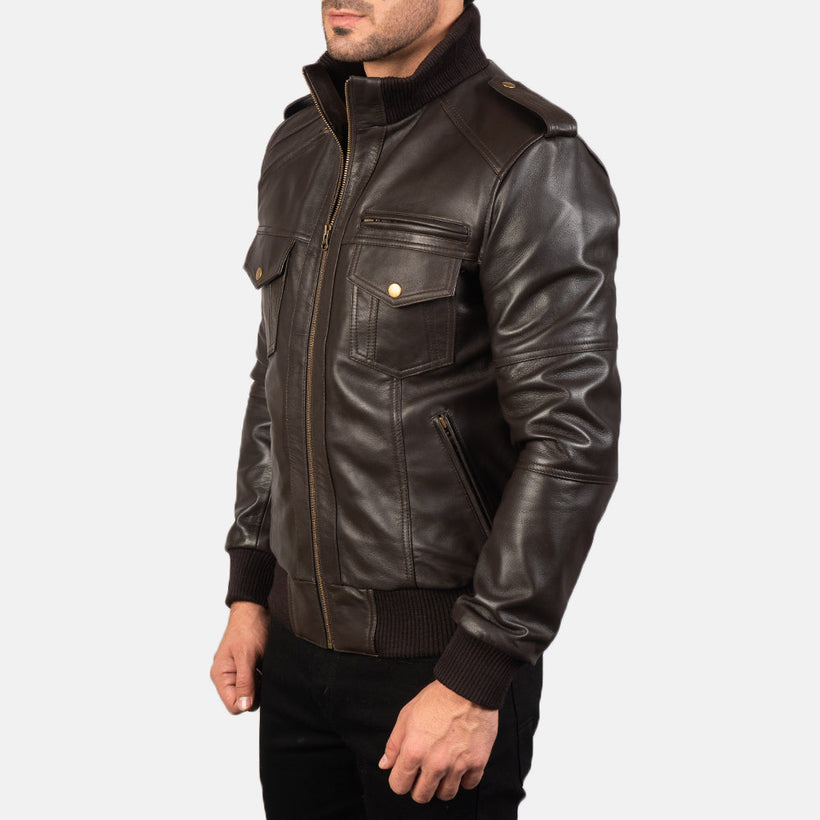 Brown Sheepskin Leather Bomber Jacket - Back View Showing Tailored Shoulder Fit & Clean Hemline