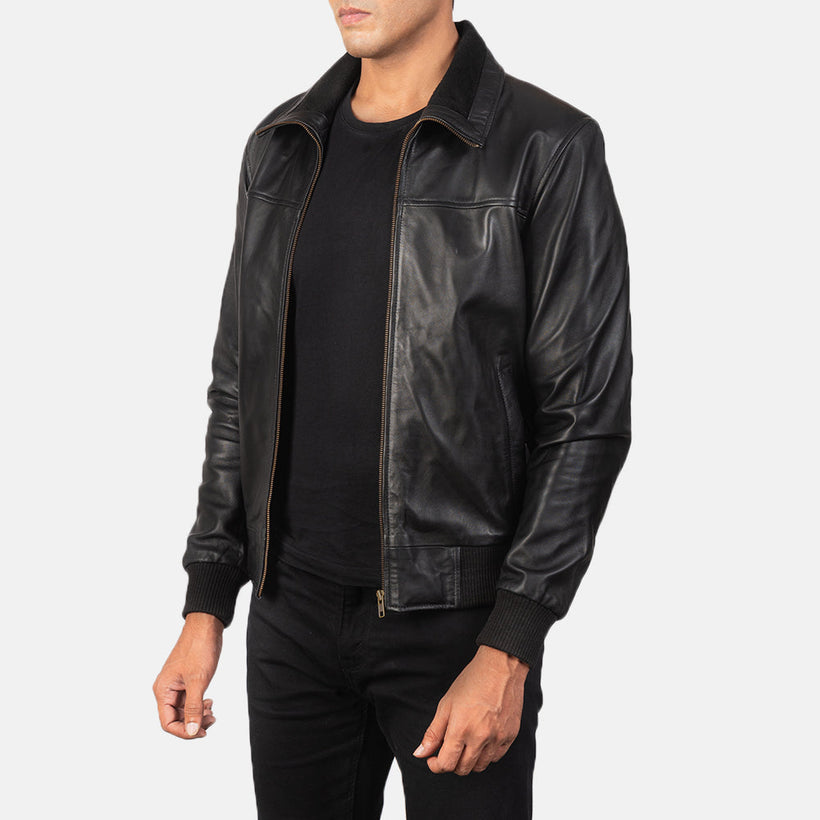 Black Sheepskin Leather Bomber Jacket - Back View Showing Tailored Shoulder Fit & Clean Hemline