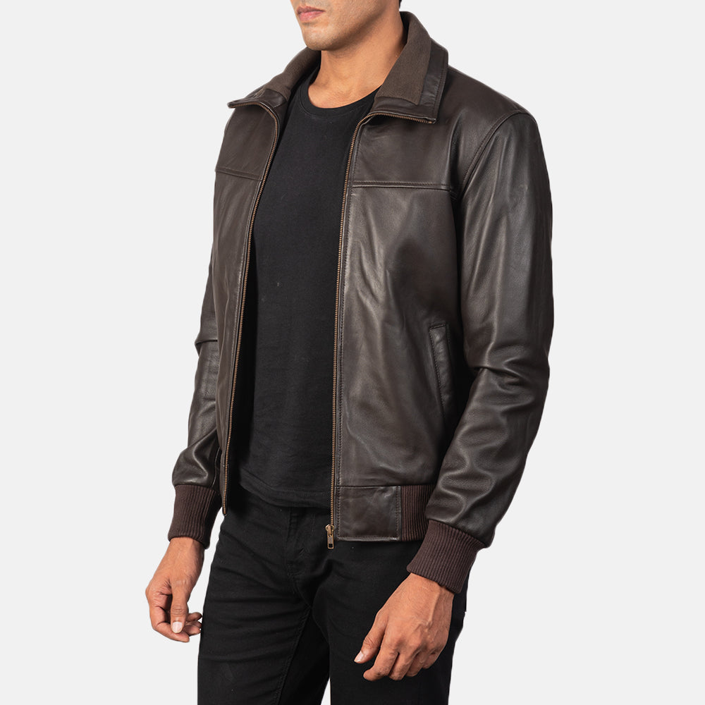 Dark Brown Sheepskin Leather Bomber Jacket - Vue de dos avec coupe ajustée aux épaules &amp; ourlet soigné
