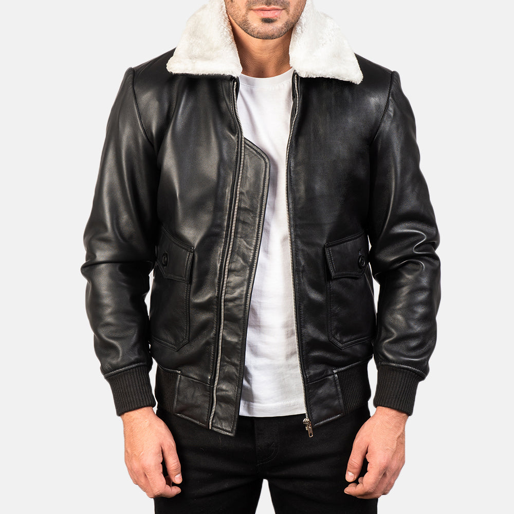 
Airin G-1 Black & White Leather Bomber Jacket in Black Sheepskin Leather - Vue de face & silhouette ajustée | Acheter en ligne