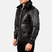 
Black Sheepskin Leather Bomber Jacket - Vue arrière montrant la carrure ajustée et l'ourlet net