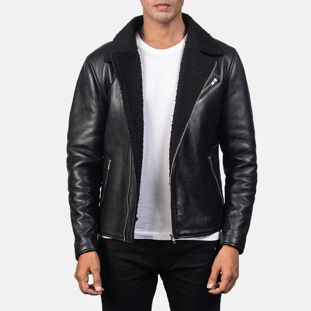 Men's Alberto Shearling Noir Veste en Cuir pour Homme in Black Sheepskin Leather - Vue de face &amp; silhouette ajustée | Acheter en ligne