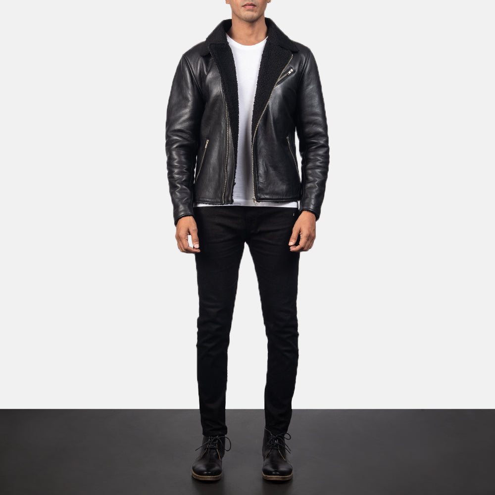 Vue détaillée of Notch &amp; Zipper Hardware on Men's Alberto Shearling Noir Veste en Cuir pour Homme