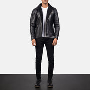 Vue détaillée of Notch &amp; Zipper Hardware on Men's Alberto Shearling Noir Veste en Cuir pour Homme