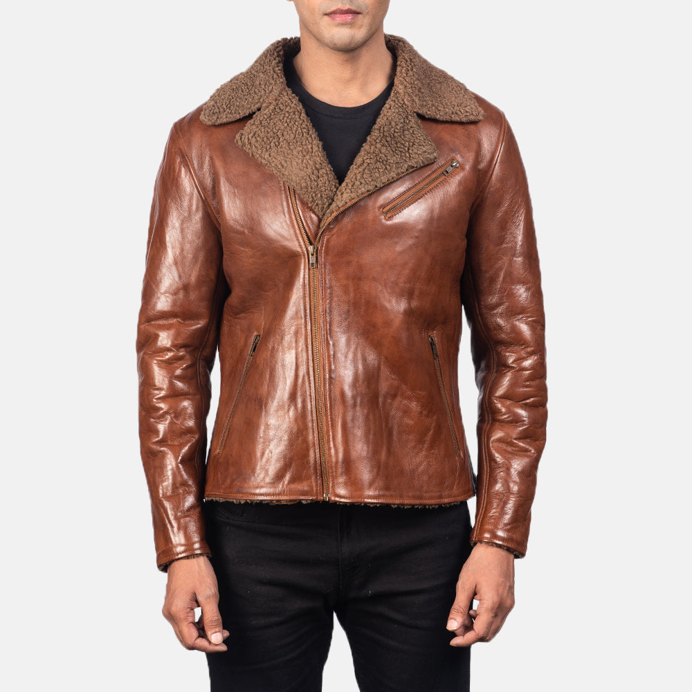 Men's Alberto Shearling Marron Veste en Cuir pour Homme - Vue de profil avec coupe de manche ergonomique