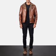 Vue détaillée of Notch &amp; Zipper Hardware on Men's Alberto Shearling Marron Veste en Cuir pour Homme