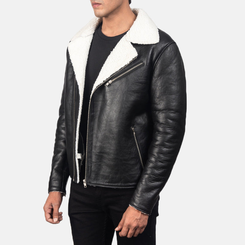 Black Sheepskin Leather Biker Jacket - Back View Showing Tailored Shoulder Fit & Clean Hemline