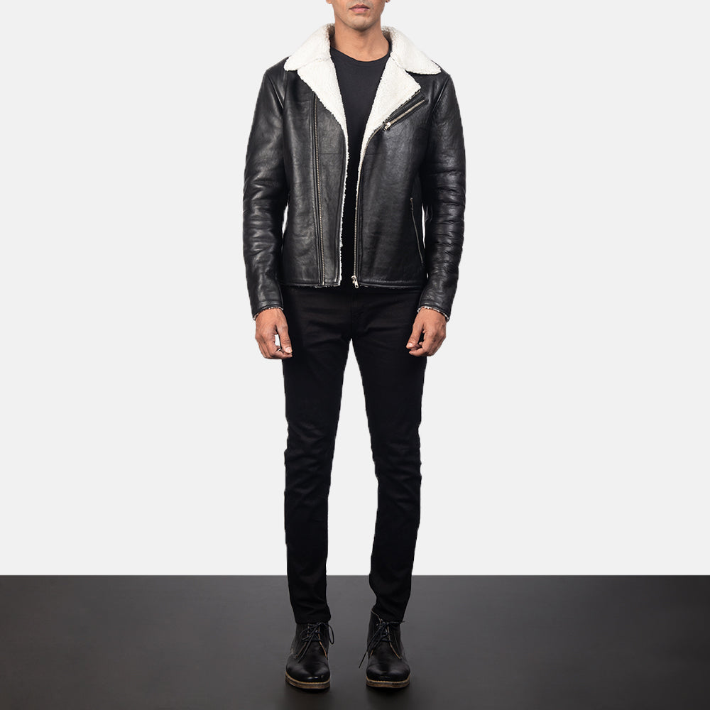 Vue détaillée of Notch &amp; Zipper Hardware on Men's Alberto Blanc Shearling Noir Veste en Cuir pour Homme