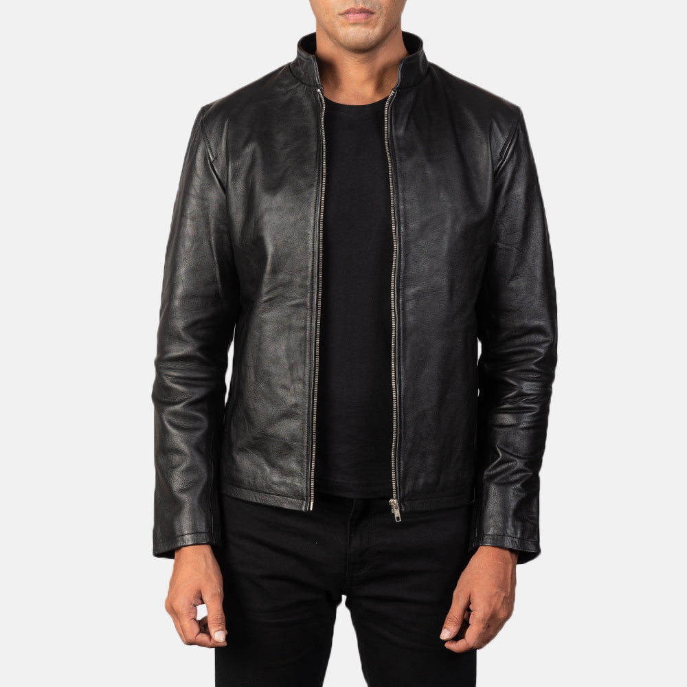 Men's Alex Black Leather Biker Jacket in Black Cowhide Leather - Vue de face &amp; silhouette ajustée | Acheter en ligne