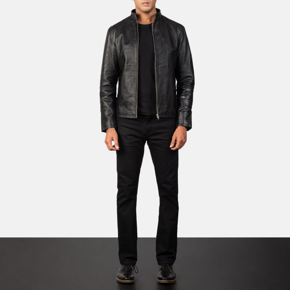 Vue détaillée of Band &amp; Zipper Hardware on Men's Alex Black Leather Biker Jacket