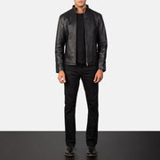 Vue détaillée of Band &amp; Zipper Hardware on Men's Alex Black Leather Biker Jacket