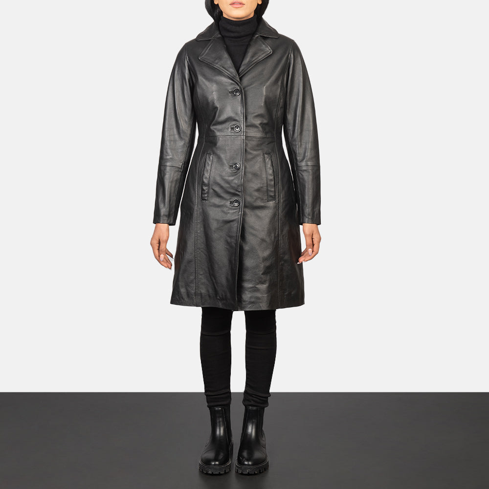 Women's Alexis Noir Single Breasted Manteau en Cuir pour Femme in Black Cowhide Leather - Vue de face &amp; silhouette ajustée | Acheter en ligne
