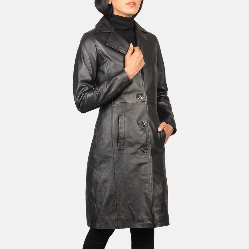Alexis Noir Single Breasted Manteau en Cuir pour Femme
