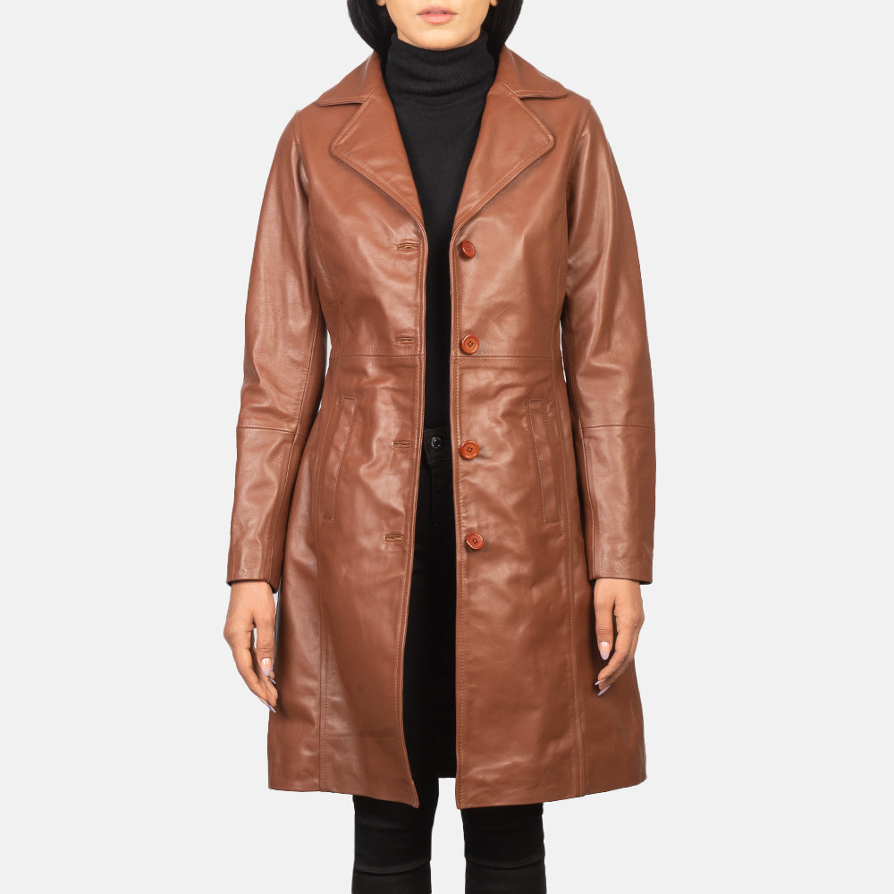 
Alexis Marron Single Breasted Manteau en Cuir pour Femme in Brown Cowhide Leather - Vue de face & silhouette ajustée | Acheter en ligne