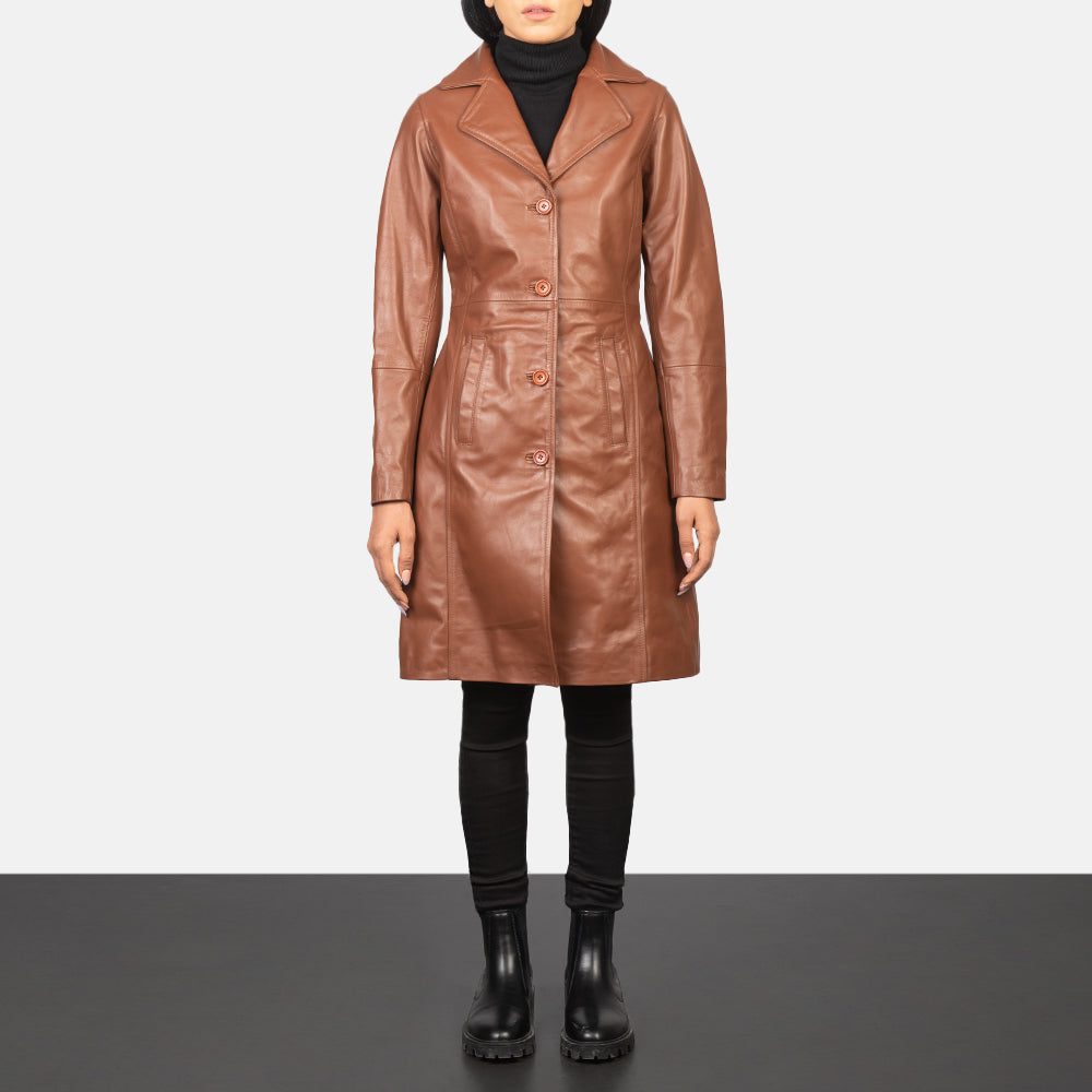 
Alexis Marron Single Breasted Manteau en Cuir pour Femme - Vue de profil mettant en valeur la coupe de manche ergonomique