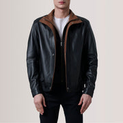 Alfred Brown Leather Bomber Jacket For Men in Brown Sheepskin Leather - Vue de face &amp; silhouette ajustée | Acheter en ligne