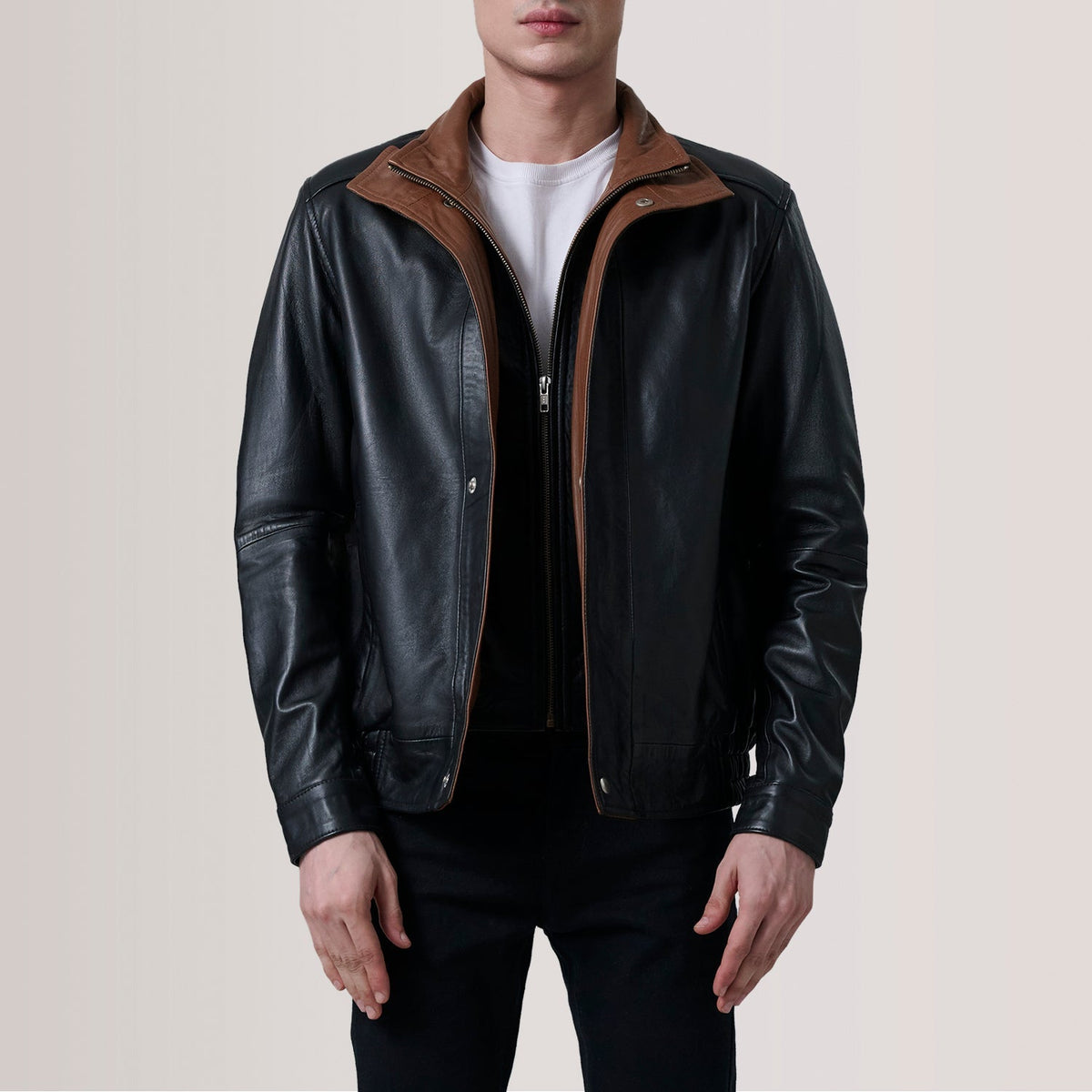 Alfred Brown Leather Bomber Jacket For Men in Brown Sheepskin Leather - Front Profile View & Tailored Silhouette | Buy Online