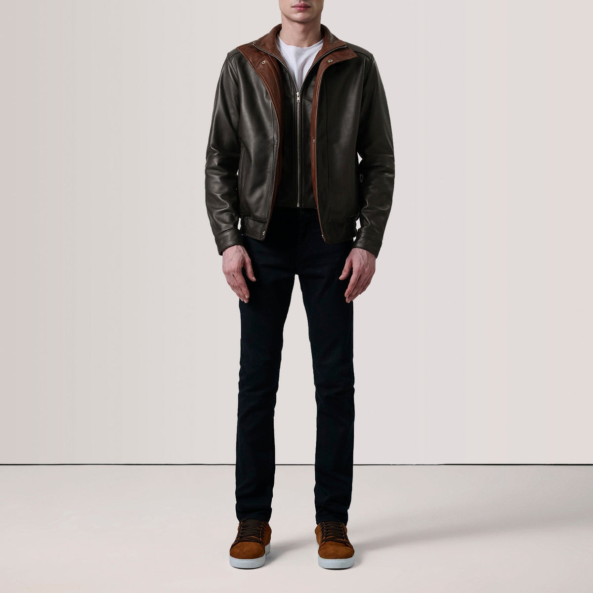 Styled Fit Perspective of Alfred Brown Leather Bomber Jacket For Men on Model - Natural Daylight Drape