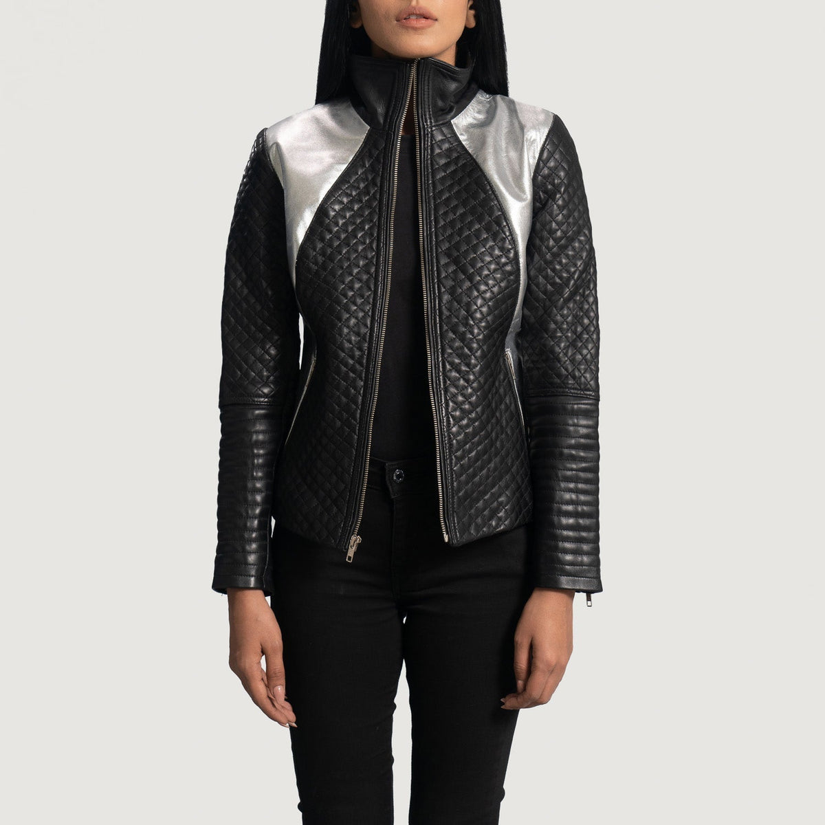Women's Alia Metallic Black Leather Biker Jacket in Black Sheepskin Leather - Vue de face &amp; silhouette ajustée | Acheter en ligne