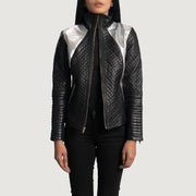 Women's Alia Metallic Black Leather Biker Jacket in Black Sheepskin Leather - Vue de face &amp; silhouette ajustée | Acheter en ligne